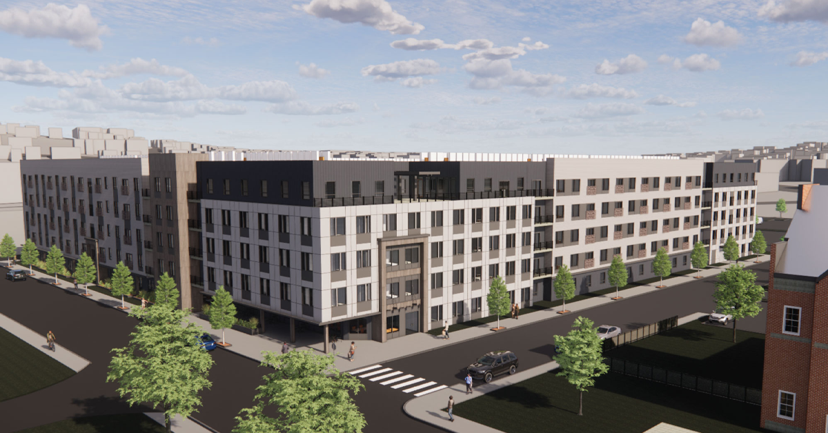 Street-level rendering of The Benjamin development at 274 Franklin Street, Worcester, with the building façade and surrounding streetscape